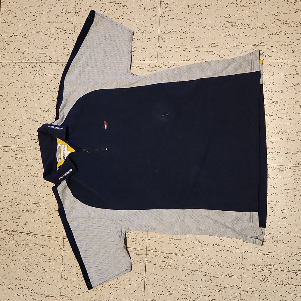 Tommy Hilfiger Blue & Gray 1/4 Zip Down Spelkout Logo Polo Shirt Vintage 90s